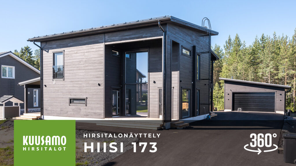 Moderni kaupunkikoti on kaksikerroksinen, linjakas hirsitalo, jossa on pulpettikatto.