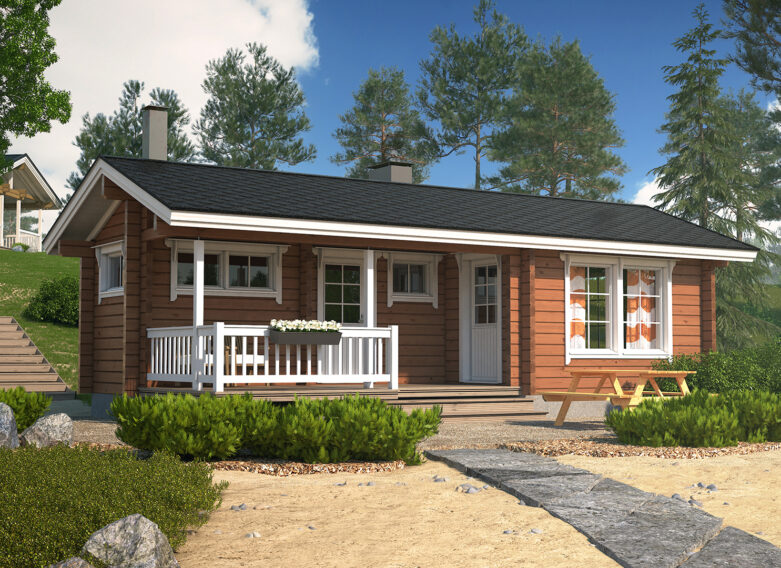 The Junga sauna cabin is a traditional log sauna with a pitched roof.
