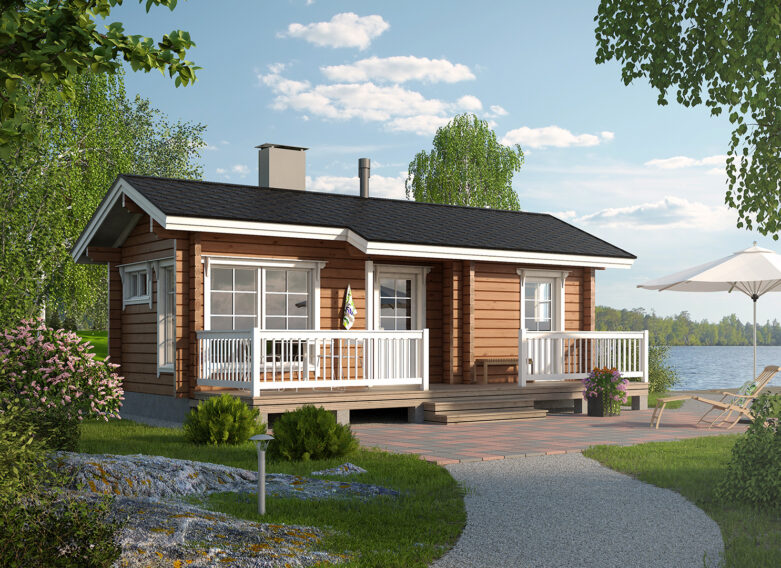 Hirsisauna järven rannalla.