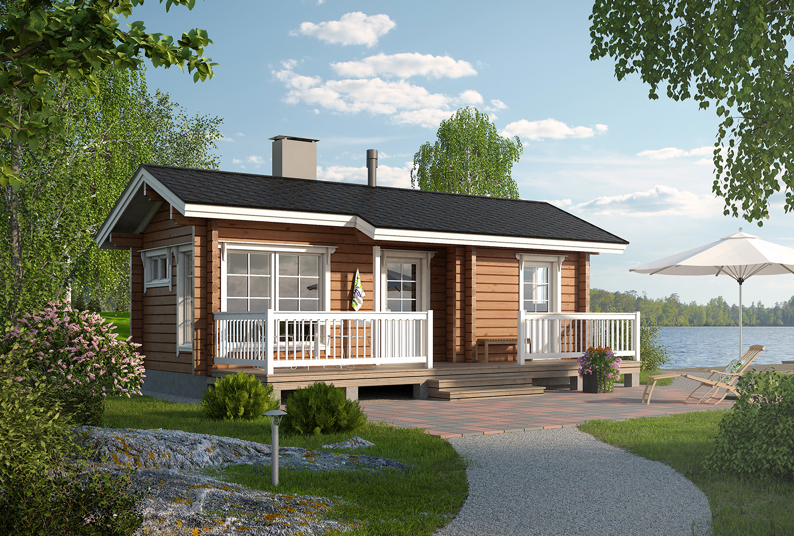 Hirsisauna järven rannalla.