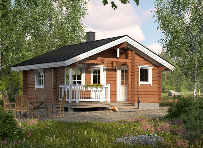Sauna cabin with a terrace and a pitched roof.