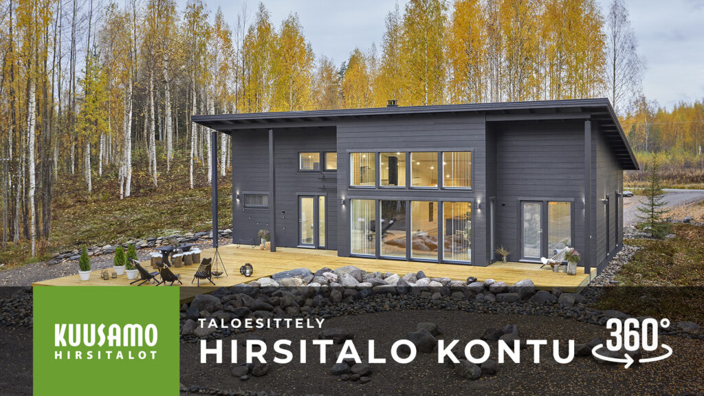 Pulpettikattoinen hirsitalo, jossa takapihalla on iso terassi. 