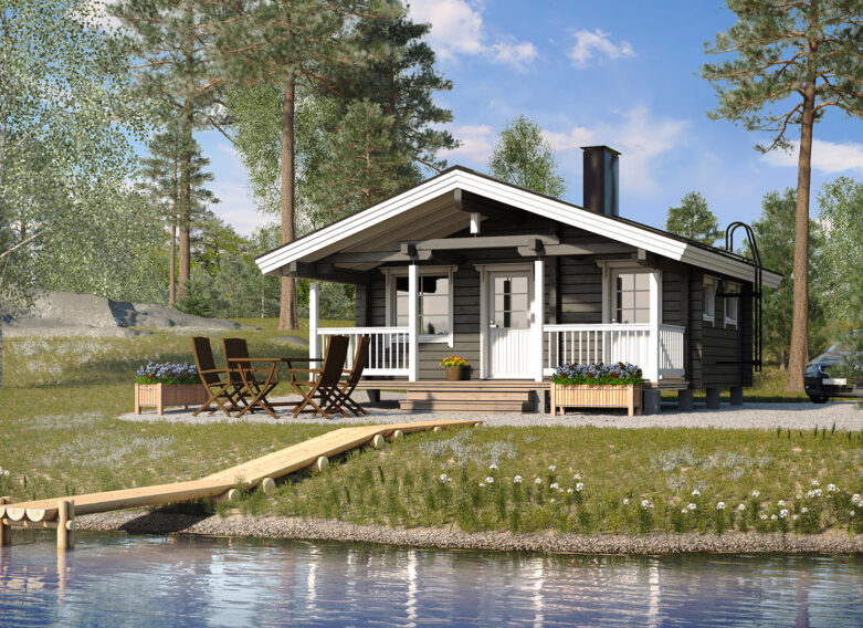Tilava sauna ja saunatupa järven rannalla.