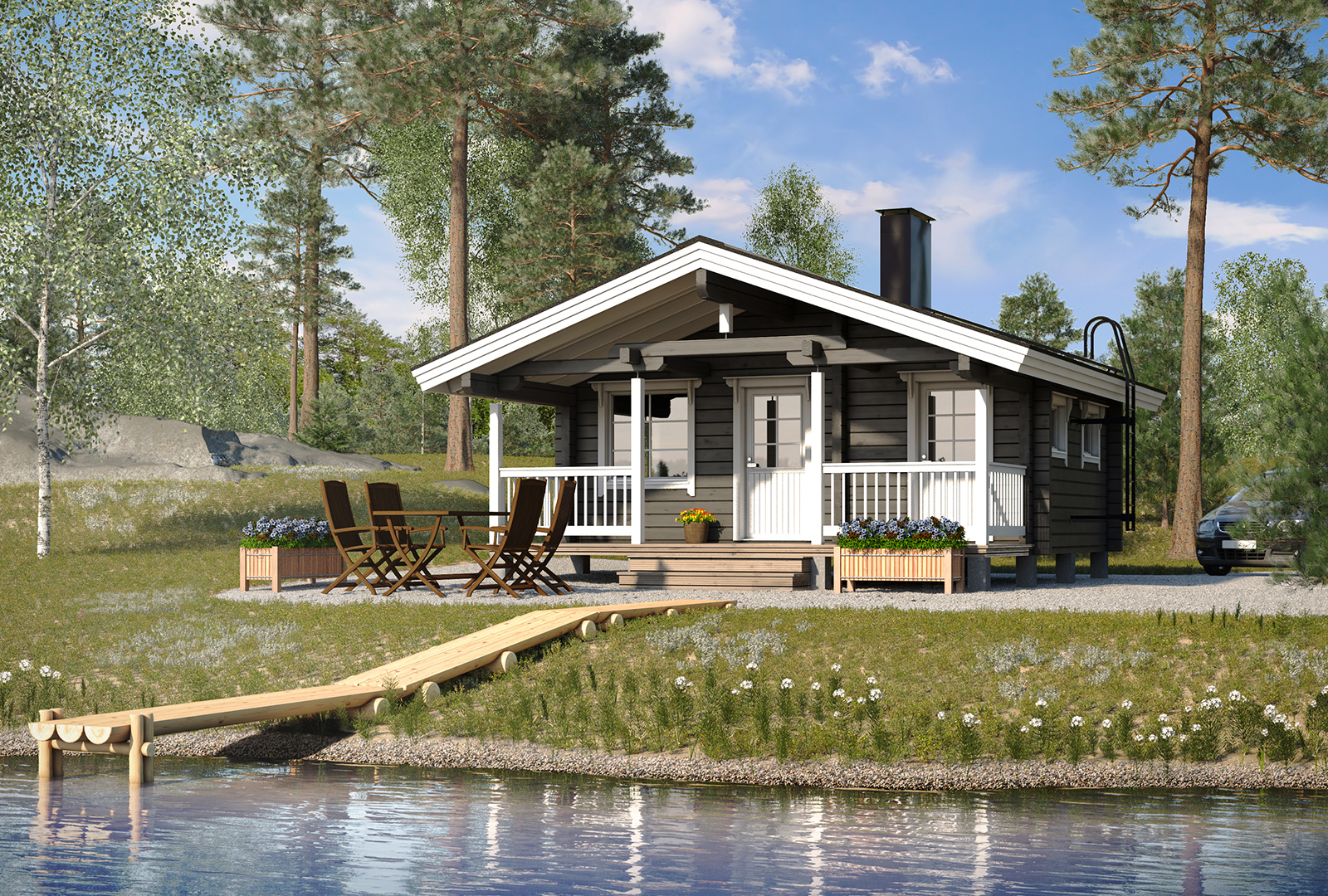 Tilava sauna ja saunatupa järven rannalla.