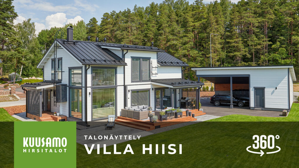 Villa Hiisi on valkoiseksi maalattu kaksikerroksinen hirsikoti.