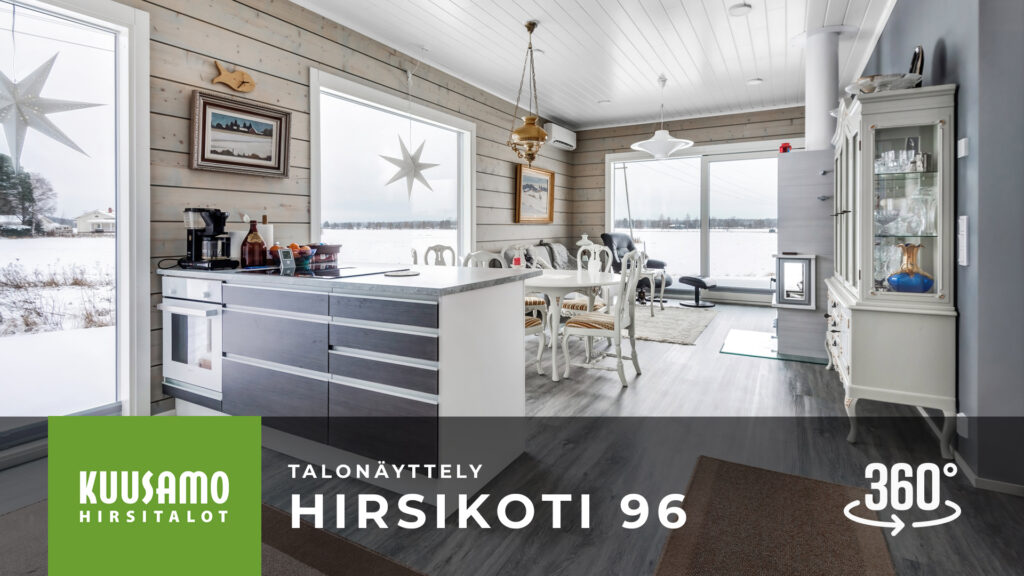 Keittiön saarekkeen takana avautuu oleskelutila.