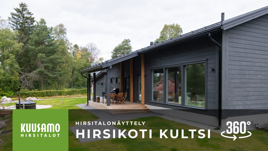 Harjakattoisen hirsikodin takapihalla on katettu terassi.