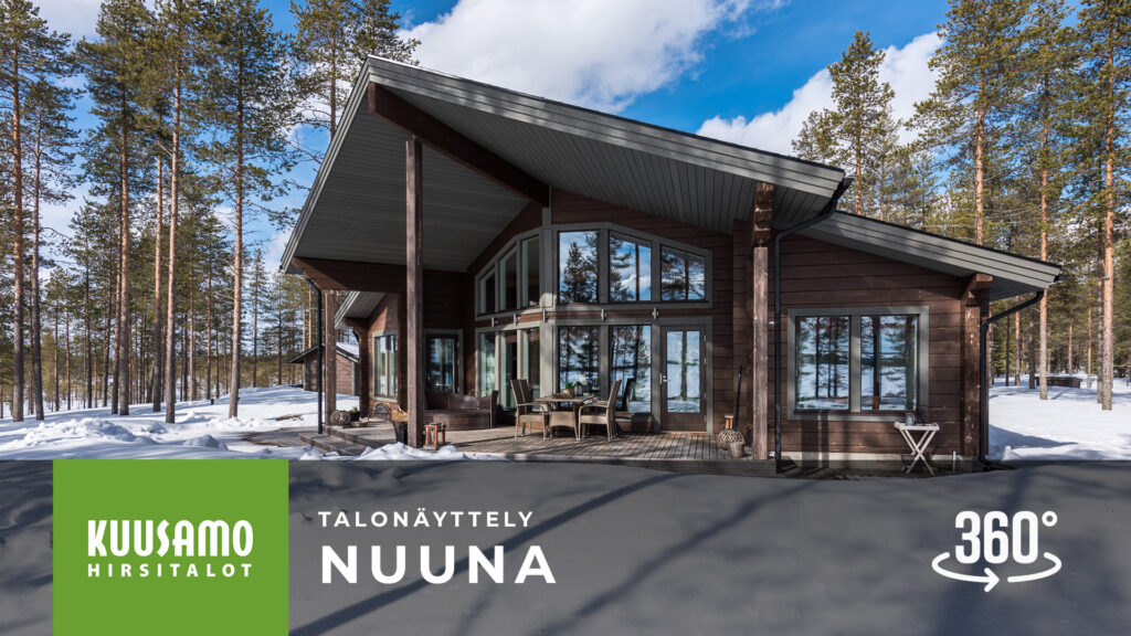 Tummanruskea hirsihuvila Nuuna mäntymetsän keskellä.