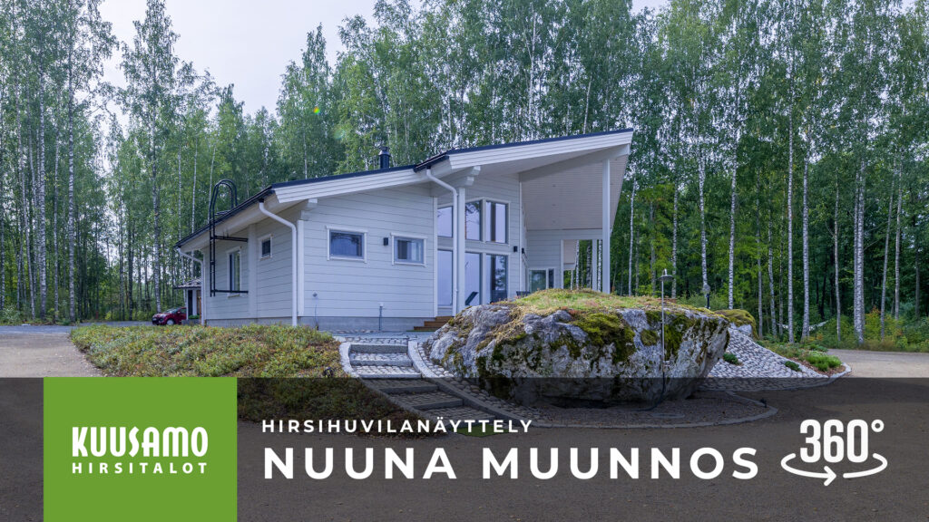 Hirsihuvila Nuuna on maalattu valkoiseksi. Harjakatto luo suojaa terassille.