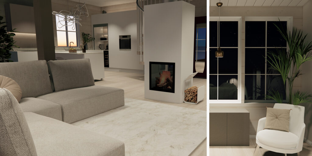 Renderings of the living room and bedroom at Villa Aurora. The interior features mainly white and beige tones.