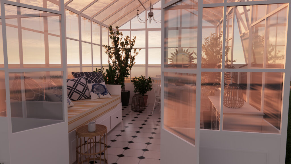 A rendering of the orangery built in the courtyard of Villa Aurora.