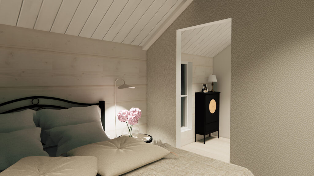 A bedroom in the log house, with stylish wallpaper featuring a pattern of small motifs on the wall.