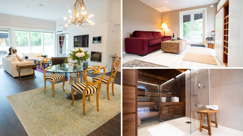 The photo collage shows the living room and dining area, as well as the sauna and washroom facilities. Dark brown wood has been used in the sauna, and large light-coloured tiles in the washrooms.