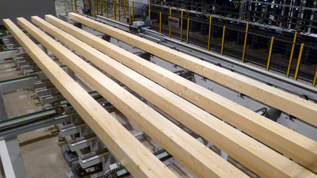 Laminated log blanks before being planed into shape on the Pölkky production line.