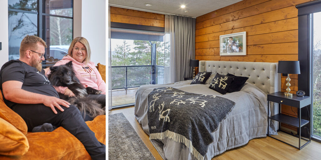 A bedroom with a stylish grey double bed.