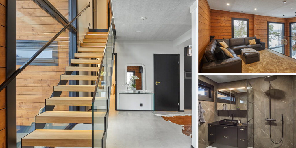 A collage of images. On the left, you can see the staircase leading to the upper floor, fitted with glass balustrades. On the right is a picture of the bathroom, finished with grey tiles, and the living areas in the upstairs hall.