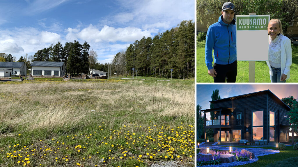 A photo collage showing an empty plot for a log house, the couple commissioning the build, and a rendering of the modern log home to be built for them.