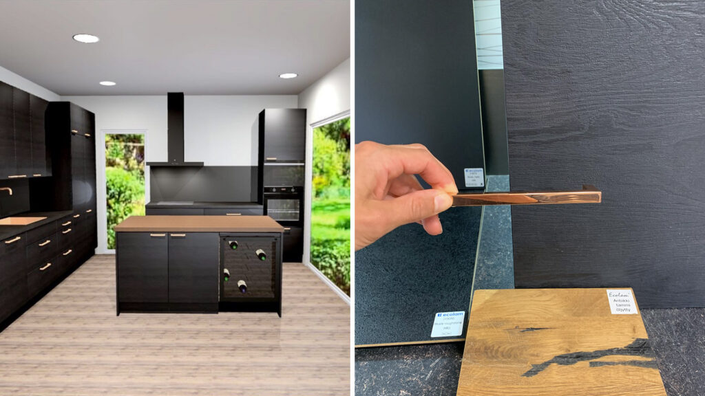 On the left is a rendering of the kitchen; on the right, the client is seen selecting handles for the kitchen fittings in a shop.