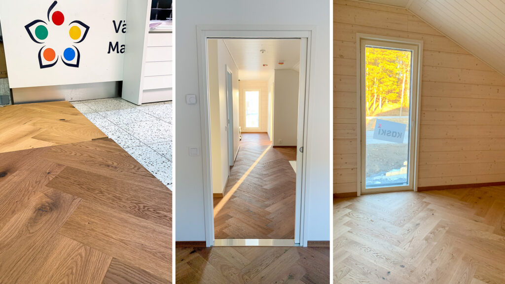 The upstairs floor of the log home features herringbone parquet.