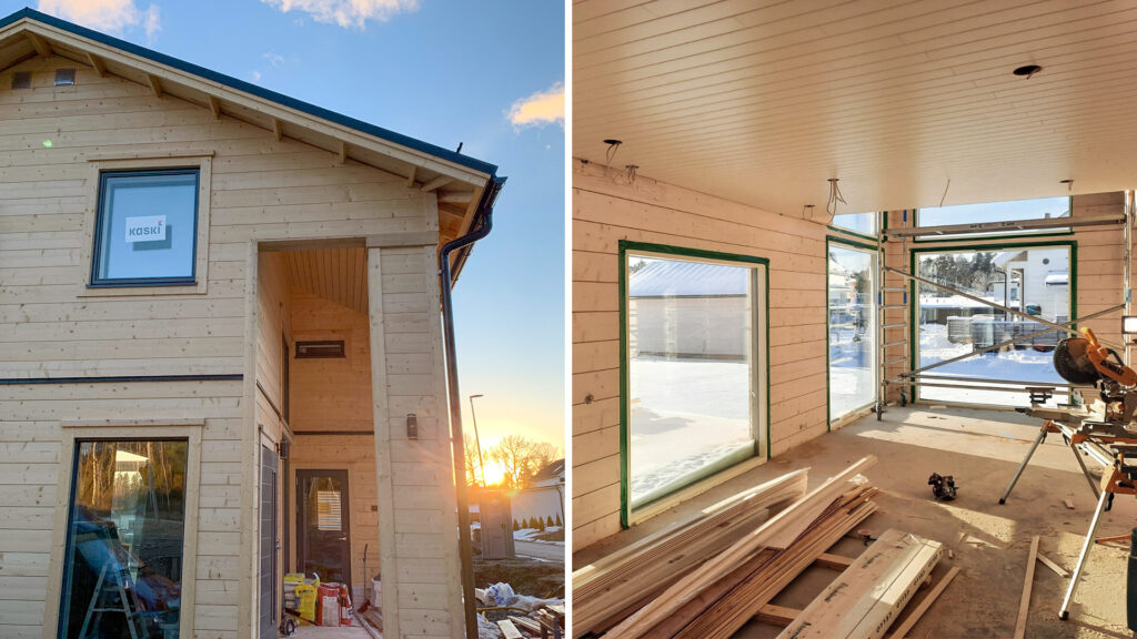 A collage from the time the log house was being erected. The building has been sheltered from the weather. The high-ceilinged room downstairs has scaffolding, and on the floor is a circular saw used to cut materials to the correct size.