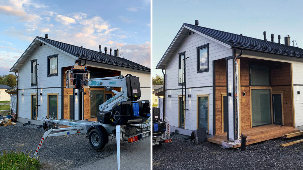 A photo collage of the log house being painted. A cherry picker is being used for the painting.