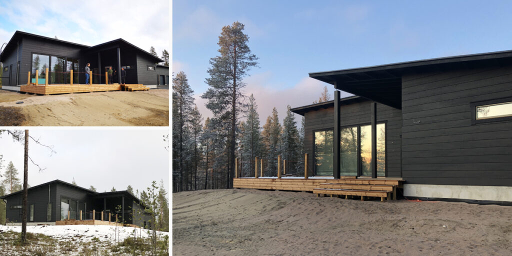 Ulkokuvia modernista, pulpettikattoisesta hirsikodista. Talon yhteydessä on mukavasti terassitilaa.