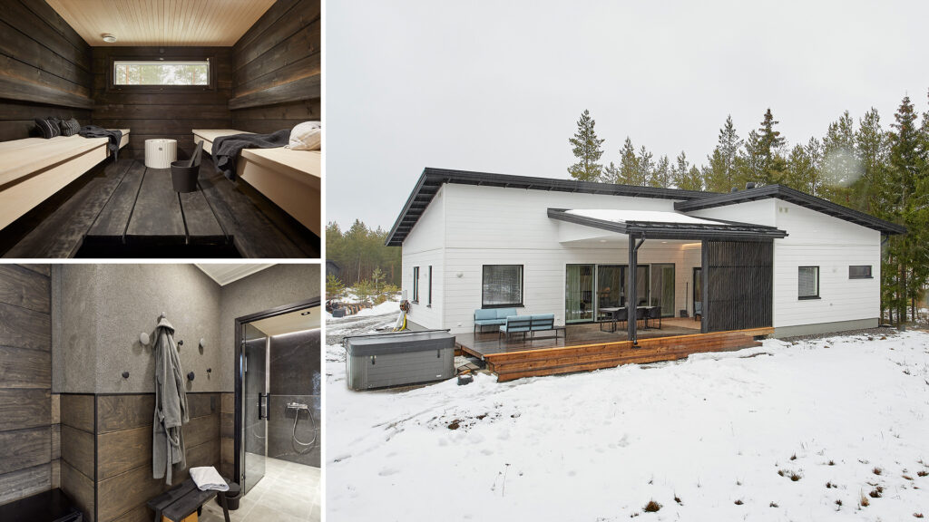 On the left of the photo collage are the Sauna and Washroom facilities, which feature popular dark tones. On the right is an exterior view of the Log house, which has a hipped roof and is painted white.