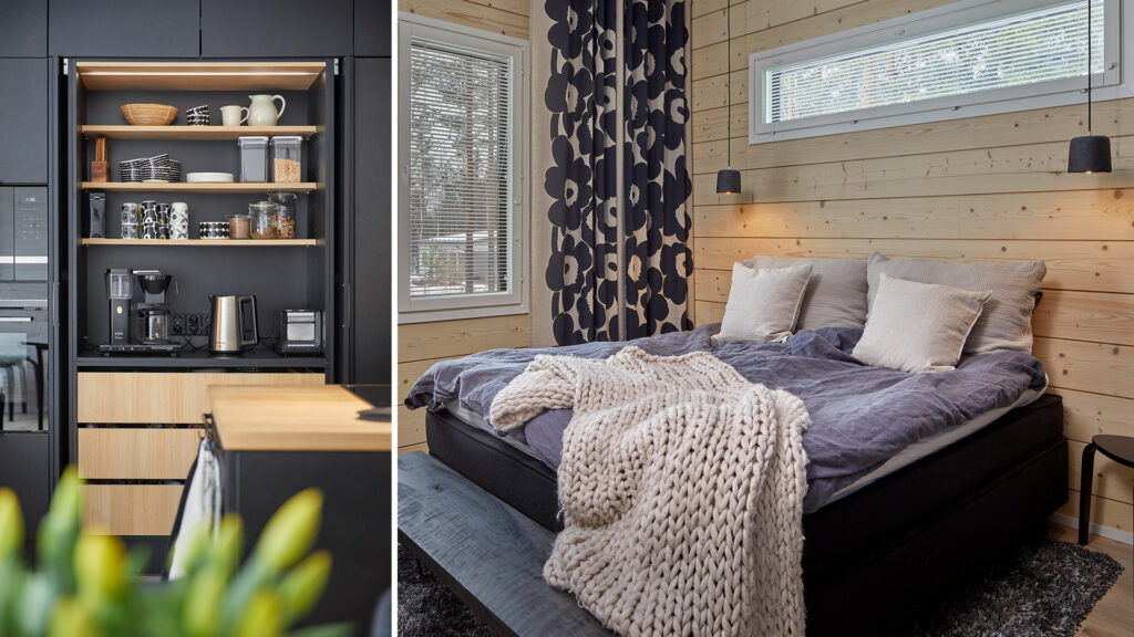 On the right of the photo collage is the bedroom, featuring plenty of soothing exposed log surfaces. The window is fitted with Marimekko curtains. On the left is the breakfast cupboard, which also contains Marimekko tableware. The breakfast cupboard combines wood with black.
