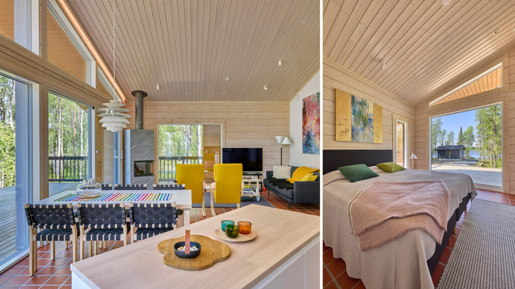 On the left of the photo collage is the lounge area, featuring a cosy grey fireplace. On the right is the bedroom, which opens onto a large, impressive window facing the lake.