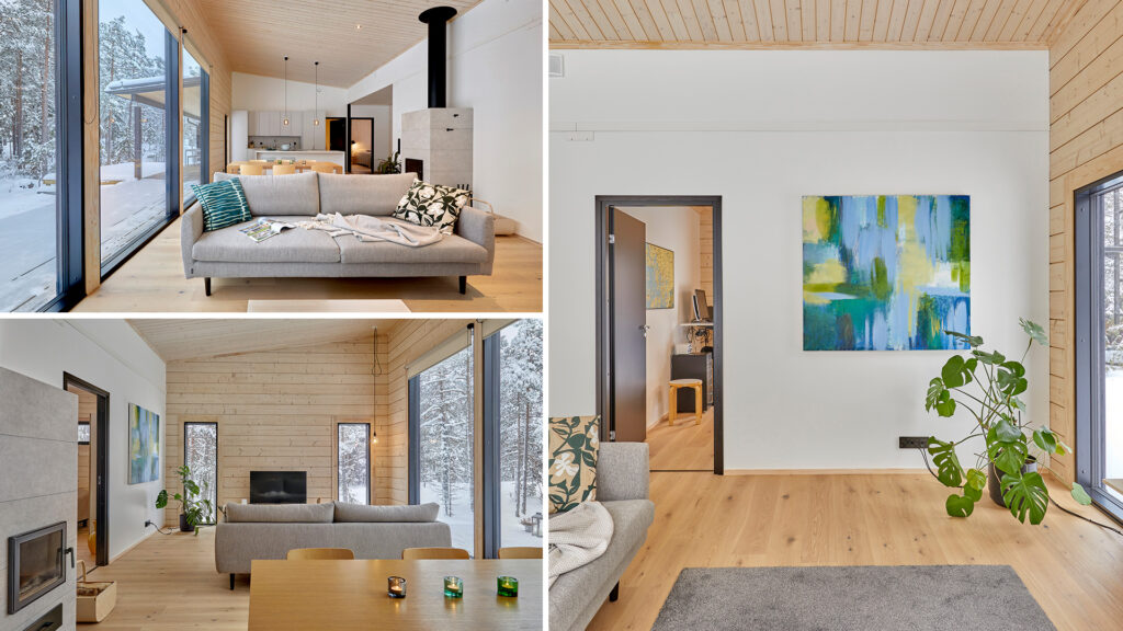 The log cabin’s tranquil interior is dominated by wooden surfaces and shades of grey. Individual interior elements also add a splash of colour to the overall design.