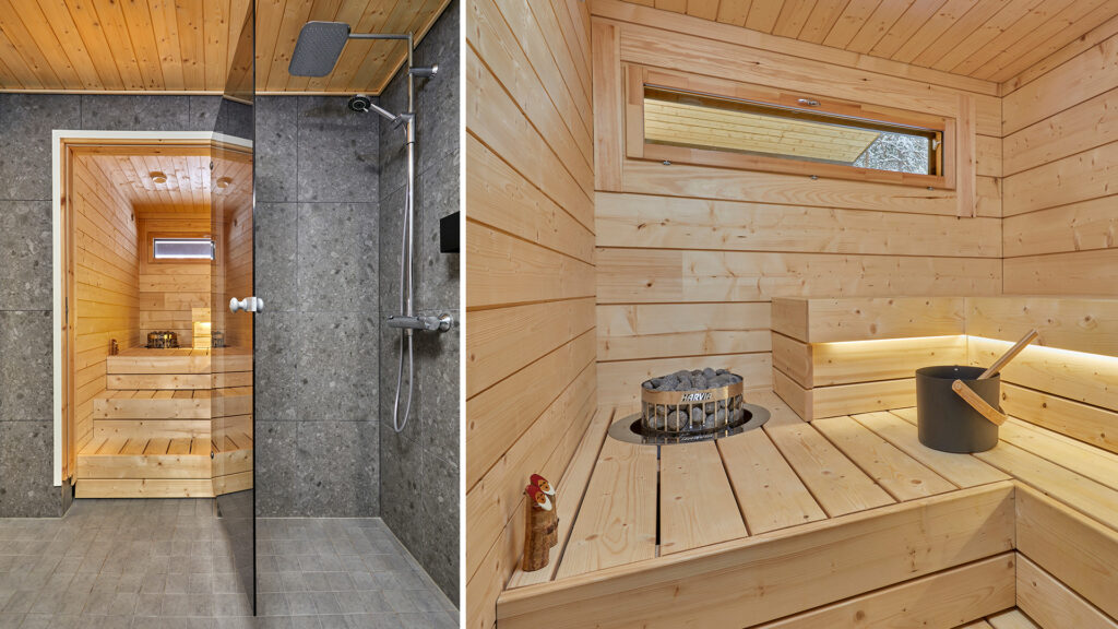 The Sauna has been left in the natural colour of the wood. Dark grey tiles have been used in the Washroom.