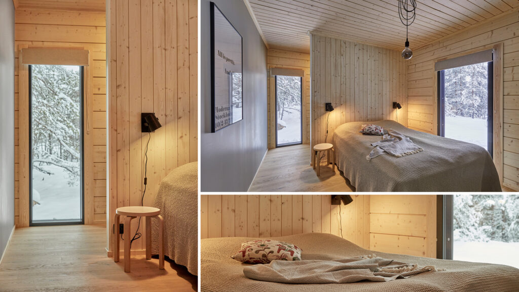 A photo collage of the log house’s bedroom. The interior features soothing wood and beige tones.