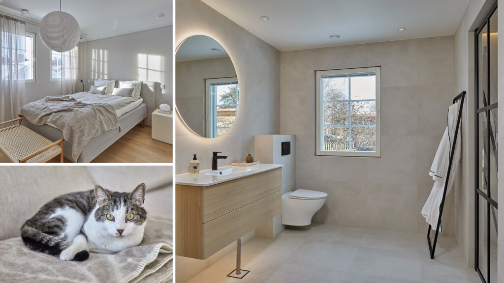I bildkollaget syns en katt med gulgröna ögon samt WC-utrymmen i lugnande färger.