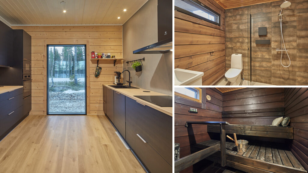 Köket i timmerhuset består av två rader med köksskåp. Mellan raderna finns ett högt fönster med utsikt över den närliggande skogen.