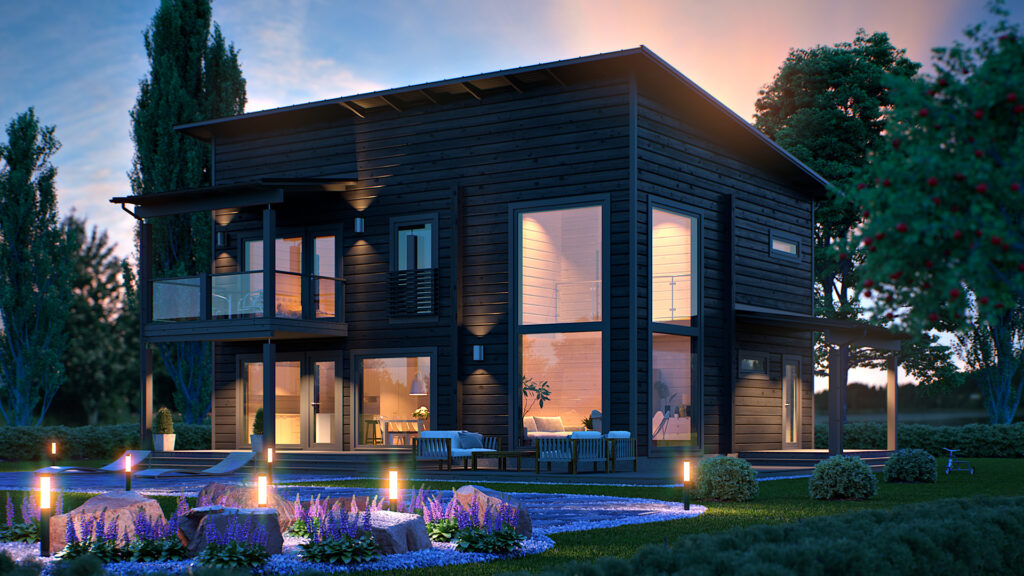 Rendering av modellen Hiisi 173. Det är ett svart timmerhus med pulpettak.