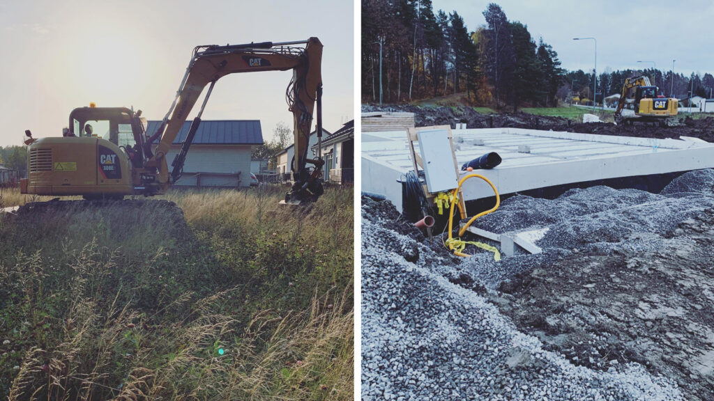 Bildkollage från markarbetet. Till vänster gräver en grävmaskin mark för grunden och till höger är grunden redan färdig.