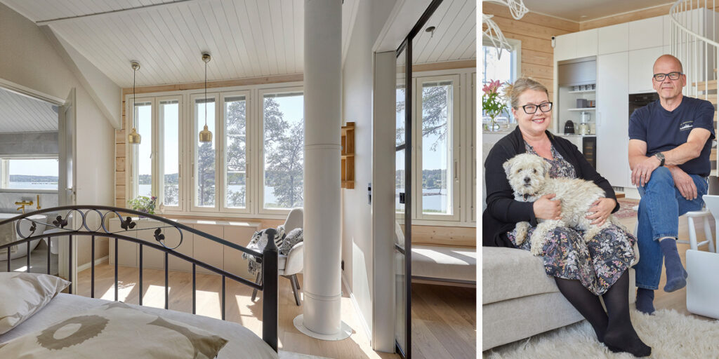 I bildkollaget till vänster syns sovrummet, där man genom de smala fönstren har utsikt över havet. Till höger sitter Helena, Erkki och hunden Nano i vardagsrummet.