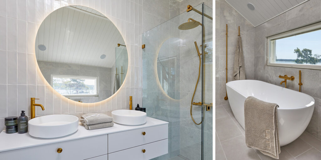 Badrummet på övervåningen andas spa-atmosfär. Det är utrustat med badkar, dusch samt två handfat. Vattenarmaturerna är guldfärgade.