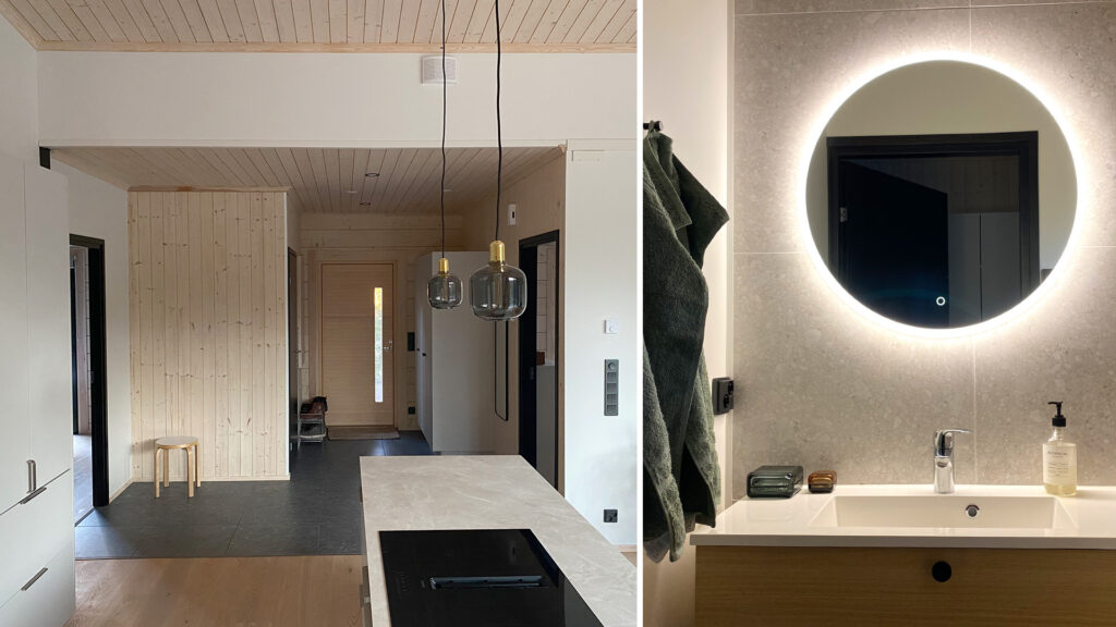A photo collage of the WC and hallway. A nice touch in the hallway is the wall with vertical panelling. The WC features a stylish round mirror.