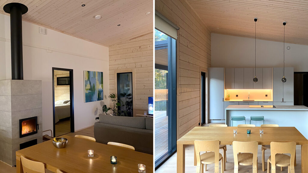 A photo collage showing the large open-plan space formed by the living room and kitchen. The space features a soothing log finish and a grey fireplace that exudes warmth.