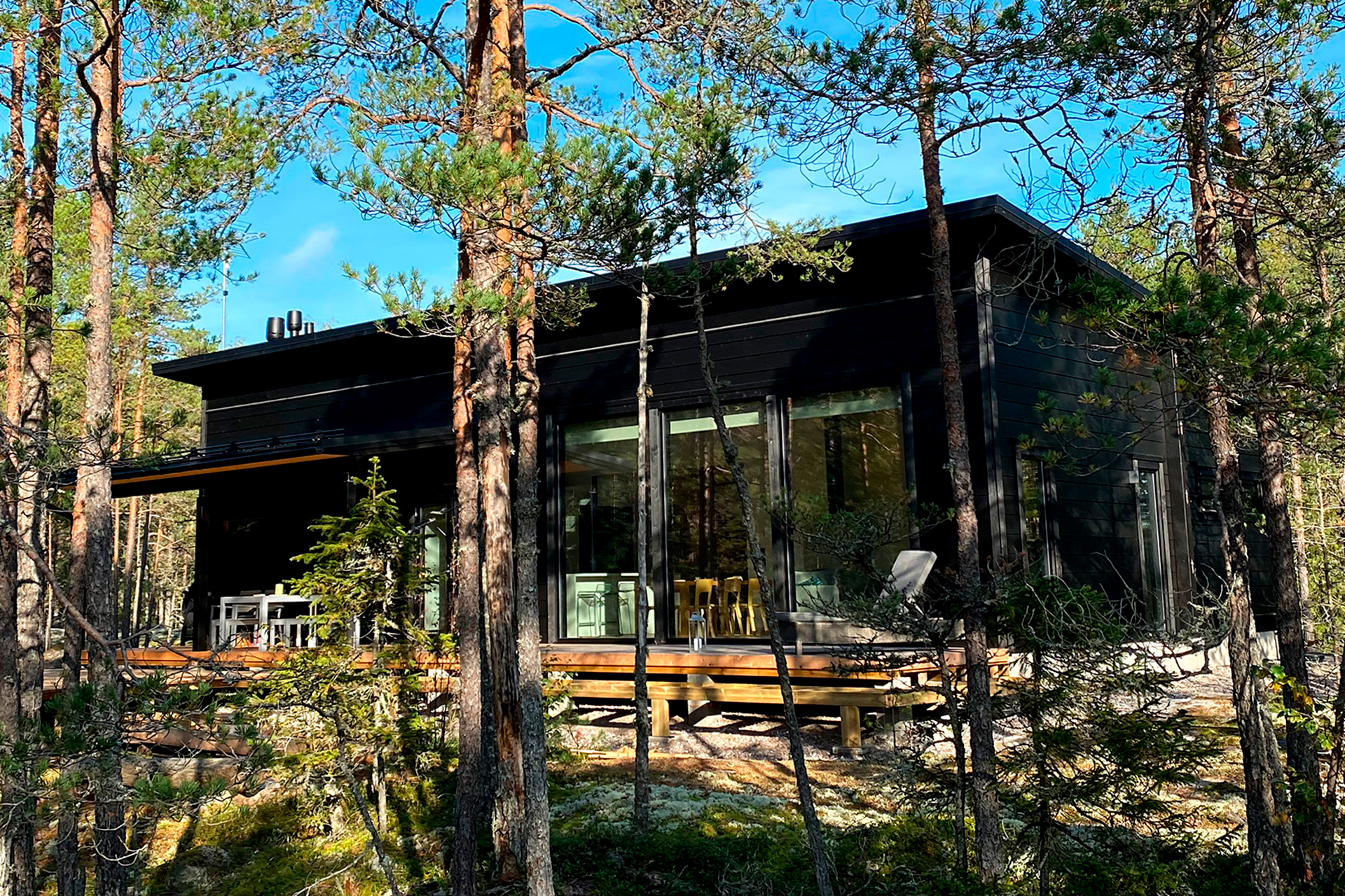 A black, modern log home with a pitched roof. There are many pine trees in front of the house.