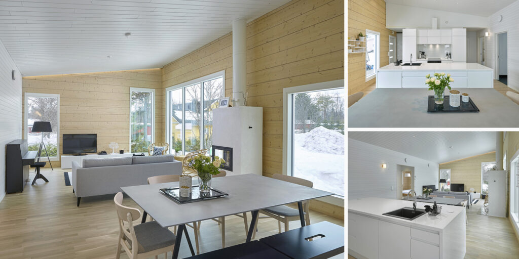 A photo collage of the living room, kitchen and dining area in a log house. The space features plenty of beautiful exposed log surfaces and large windows. The partition walls are painted white.