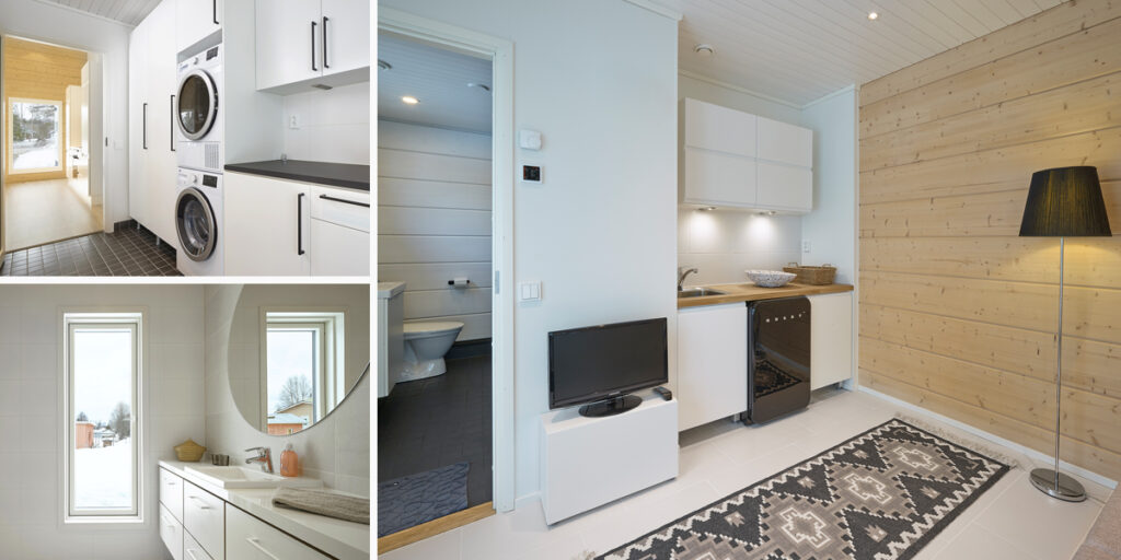 There is also a log wall visible in the Utility room. The white tones continue in the WC and utility areas.