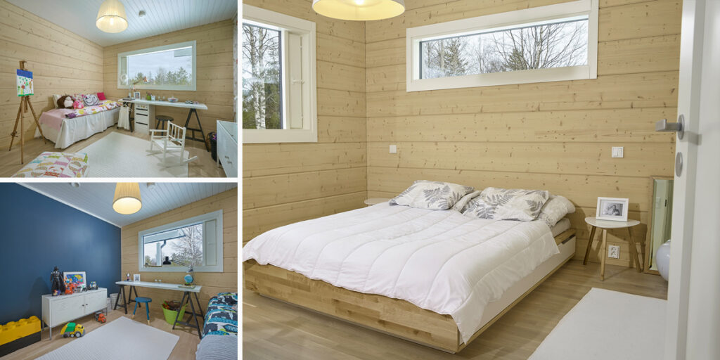 A photo collage of the bedrooms in the log house. The parents’ bedroom is decorated in calm colours. One of the children’s rooms features a blue accent wall, whilst the other has an easel.