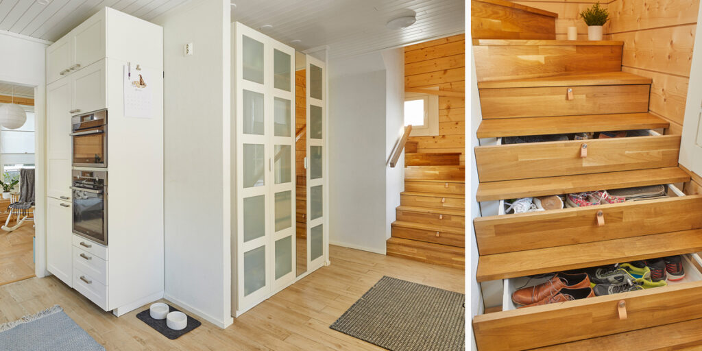 Every inch of space has been utilised to the full in this small log house. Storage boxes have been fitted under the stairs, perfect for storing shoes, for example